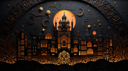 intricate paper cut illustration of a crescent moon. ramadan islamic background