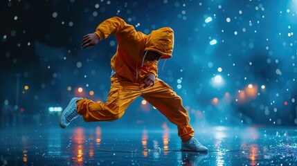 Dynamic urban street dancer in orange jumpsuit performs at night in the rain