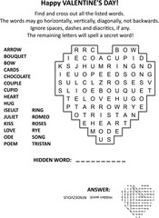 Valentine's Day heart shaped word search puzzle. Answer included.
