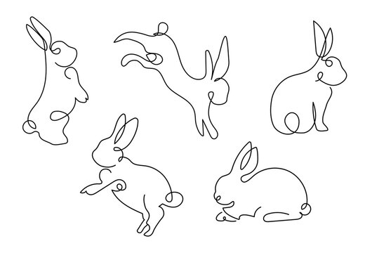 set of easter rabbits, outline vector illustration, lovely bunny, animal silhouette, minimalist oneline 