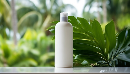White blank packaging cosmetic plastic bottle with palm leaves. Spa product.