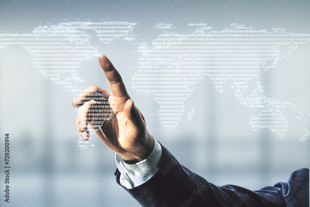 Poster Multi exposure of businessman hand clicks on abstract graphic world map on blurred office background, big data and networking concept