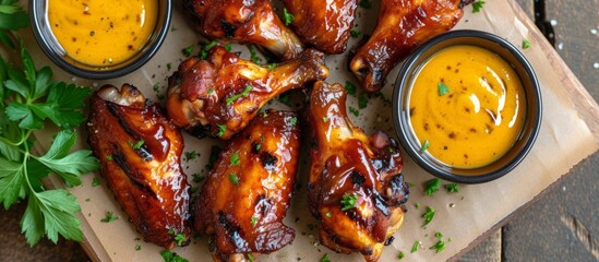 Delicious BBQ Chicken Wings with Tangy Mustard Sauce - BBQ, Chicken, and Wings come together with Mustard Sauce to create a savory explosion of flavor - obrazy, fototapety, plakaty