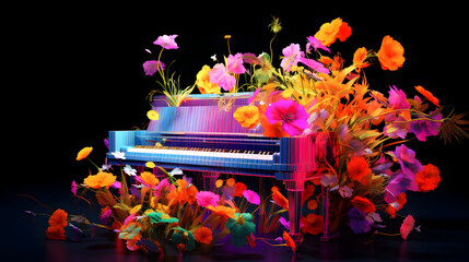 Colorful piano with flowers on it. - obrazy, fototapety, plakaty