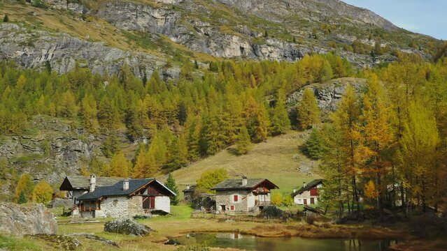 Front Dolly Alpine Monument Village Le Monal Savoie France, Wood and Stone Houses, Autumn colors, Pines Larchs