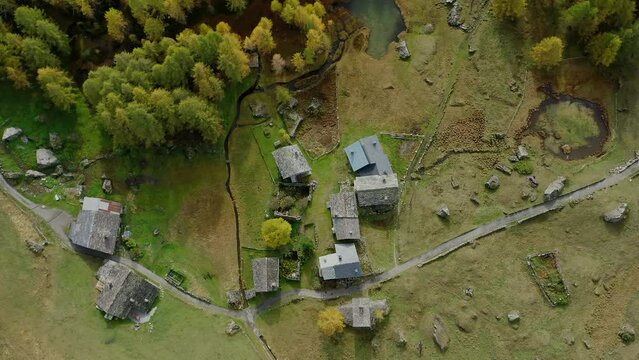 Rising Bird's Eye Alpine Village Le Monal Savoie France, Autumn Green Landscape, Stone Houses
