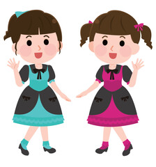 手を振る女性アイドルグループ2人組　イラスト