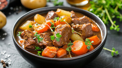 A hearty and nourishing bowl of beef stew piled high with chunks of tender beef and hearty vegetables like carrots pars and potatoes. The aroma of savory herbs and es fills