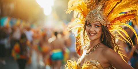 Carnival dancer in feather headdress enjoying parade, copy space