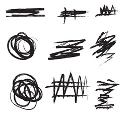 Set of black paint, ink brush strokes, brushes, lines. Dirty artistic design elements, boxes, frames for text.