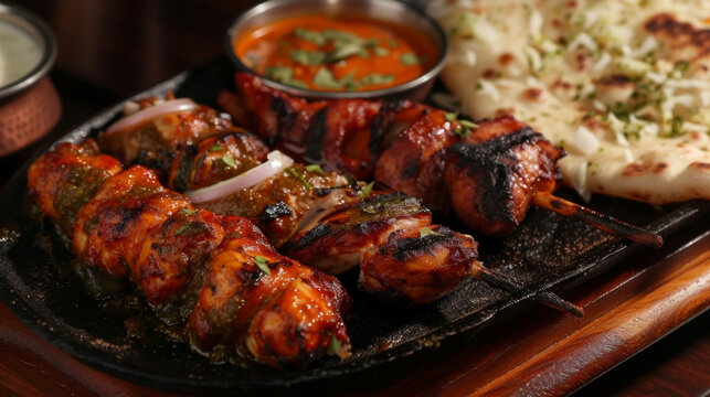 Fragrant es sizzling meats and the smoky essence of the tandoor combine to create a mouthwatering tandoori platter featuring chicken tikka seekh kebabs and garlic naan.