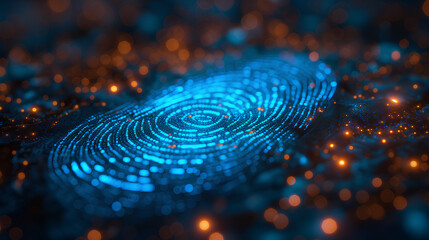 Fototapeta na wymiar Digital fingerprint pattern glowing on a circuit board, illustrating concepts of digital identity and cybersecurity in technology. 