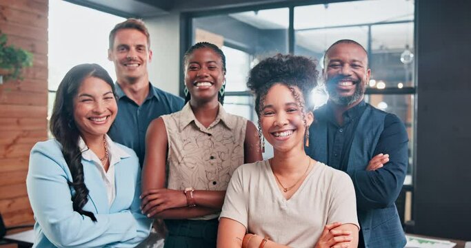 Diversity, face and happy business people with arms crossed confidence in office for teamwork. Partnership, portrait or excited lawyer team together for collaboration, support or law firm growth