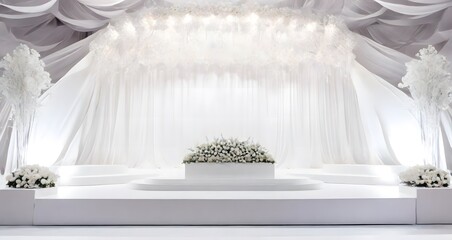 Interior of the wedding hall decorated with white flowers and candles.