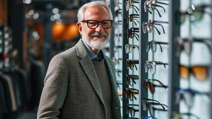 Senior man in optical store. Customer trying on new glasses