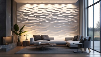 modern living room with the wall as a modern 3d wallpaper with LED  