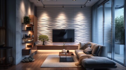 modern living room with the wall as a modern 3d wallpaper with LED 
