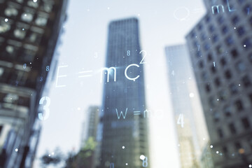 Abstract scientific formula hologram on office buildings background. Multiexposure