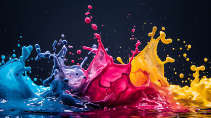 Colorful CMYK Paint Splashes in High Speed Capture.