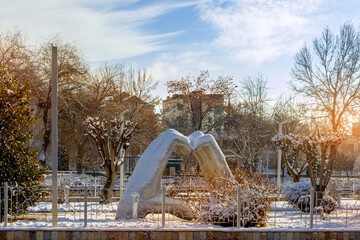 The heart-shaped hands sculpture in Eco Park Tashkent, Uzbekistan. 