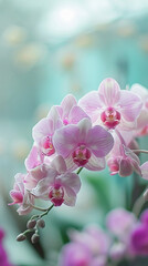 Fototapeta na wymiar Orchids on soft, dreamy background copy space. Spring summer banner