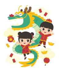 Happy Chinese New Year collection. Chinese boy and girl with Chinese Dragon standing pose for branding cover, card, poster, banner.