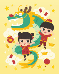 Happy Chinese New Year collection. Chinese boy and girl with Chinese Dragon standing pose for branding cover, card, poster, banner.