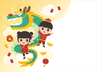 Happy Chinese New Year collection. Chinese boy and girl with Chinese Dragon standing pose for branding cover, card, poster, banner.