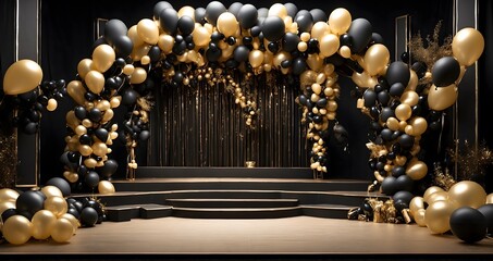 3d render of stage background for product presentation with gold luxury podium.