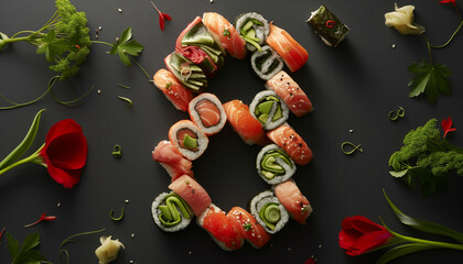 Creative sushi number 8 to celebrate women day, international womens day concept