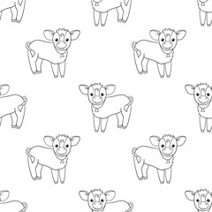 Hand drawn vector monochrome seamless pattern with cute outline calf. Hand drawn illustration isolated on white background. Funny Farm animal repeat pattern