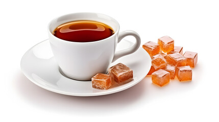 Cup of coffee and marmalade candy isolated on white.