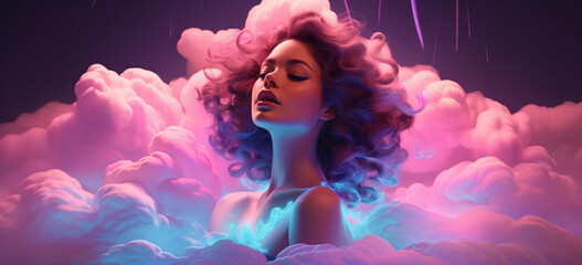 Cloud neon color with girl design illustration
