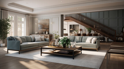 interior design of living room with white and blue long sofas and table, transitional home architecture design, sophisticated living room full of furniture  