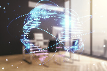 Abstract graphic digital world map with connections and modern desktop with pc on background,...