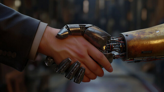 photograph of human hand shaking hand of a robot, Ai