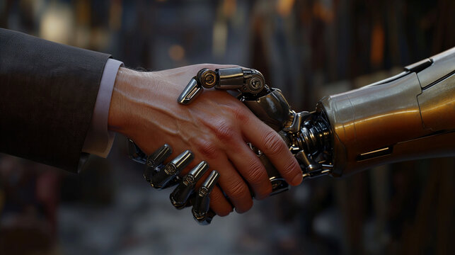 photograph of human hand shaking hand of a robot, Ai