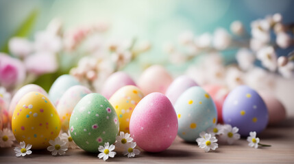 Fototapeta na wymiar Colorful easter eggs and blooming blossom flower on floor with blurred floral on background. Spring and Easter holiday celebration concept with copy space. Design for greeting card, banner and poster.