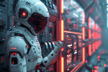 Fototapeta premium Robot working with digital display to the future