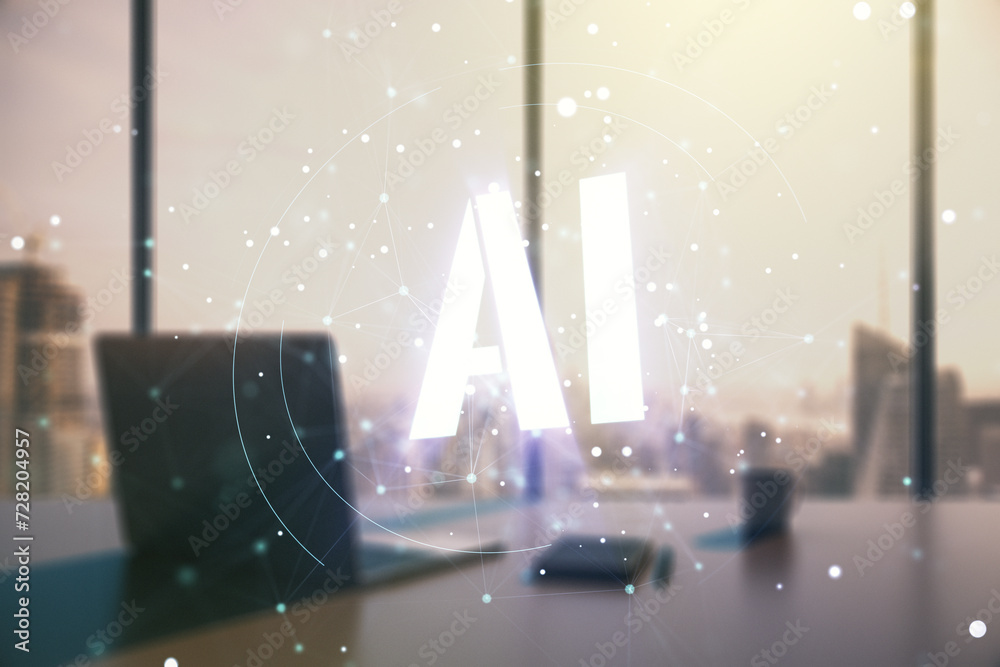 Leinwandbilder creative artificial intelligence symbol concept and modern desktop with computer on background. mult