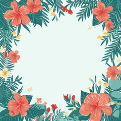 Fototapeta na wymiar Illustrated tropical flower frame with space for text, ideal for invitations, greeting cards, and announcements. Blooming spring and summer theme.