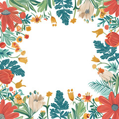 A spring-themed illustrated frame with tropical flowers with space for text. ideal for invitations, greeting cards, and announcements. Blooming spring and summer theme.