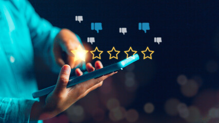 Businessmen chose a 1-star rating review in the survey on the virtual touch screen on smartphones. Bad review, bad service dislike bad quality, low rating, social media not good - obrazy, fototapety, plakaty
