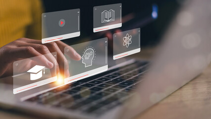 Concept of Online Education. Women use Online education training and e-learning webinar on the internet for personal development and professional qualifications. Digital courses to develop new skills.