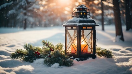 Vintage Lantern Illuminating Snow-Covered Landscape at Sunset in Winter Season
