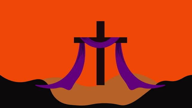 animation video of jesus crist cross anime catholic christian cross with purple fabric for sunday palm service with orange background