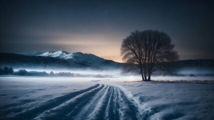 Solitary Tree in a Snow-Covered Winter Landscape at Twilight