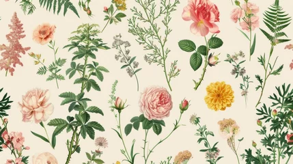 Fototapete Rund Vintage pattern botanical variety flowers such as roses, peonies, daisies, and ferns aged paper hand-drawn classic botanical drawings, elegant design suitable for fabric, wallpaper, and stationery © ND STOCK
