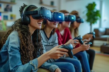Fototapeta na wymiar Friends Immersed in Group Virtual Reality Experience.