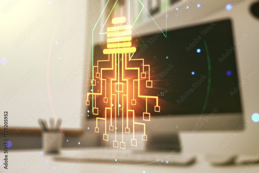 Aufkleber Creative light bulb with chip hologram and modern desk with computer on background, artificial Intelligence and neural networks concept. Multiexposure